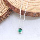 Natural Emerald Sterling Silver Necklace Minimalist Oval Bezel Set Emerald Pendant