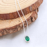 Natural Emerald Sterling Silver Necklace Minimalist Oval Bezel Set Emerald Pendant