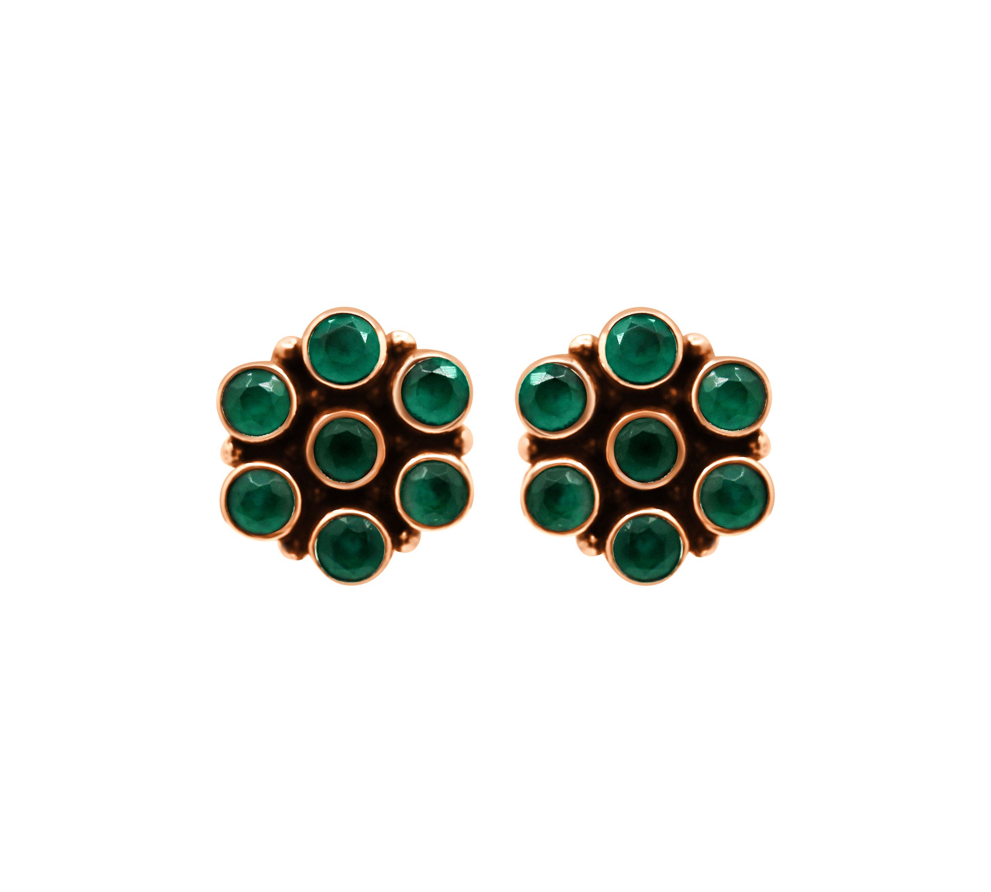 Floral Design Green Onyx 925 Silver Gold Plated Stud Earring