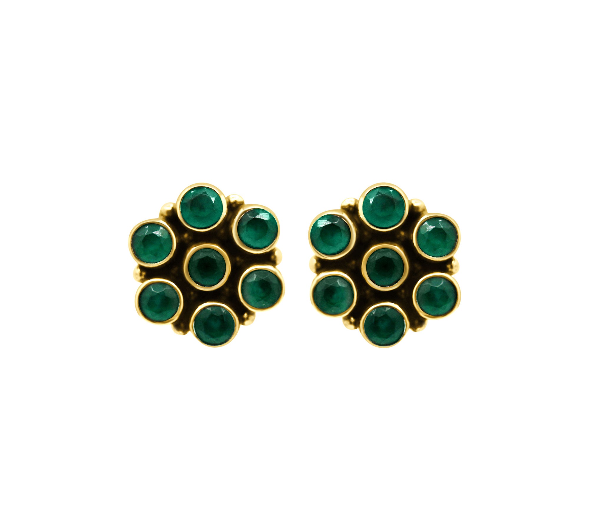 Floral Design Green Onyx 925 Silver Gold Plated Stud Earring