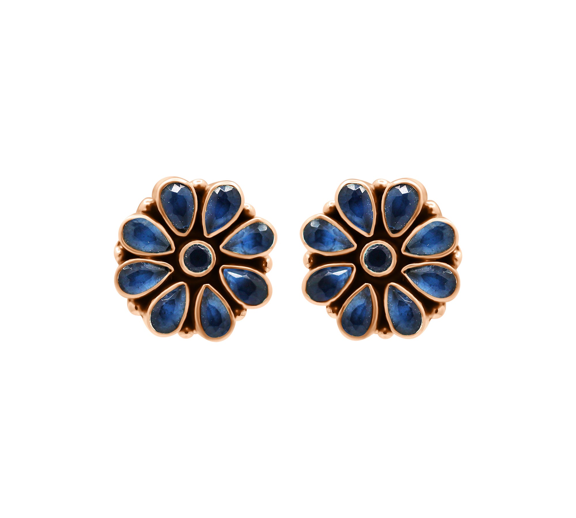 Flower Design Blue Gemstone 925 Silver Gold Plated Stud