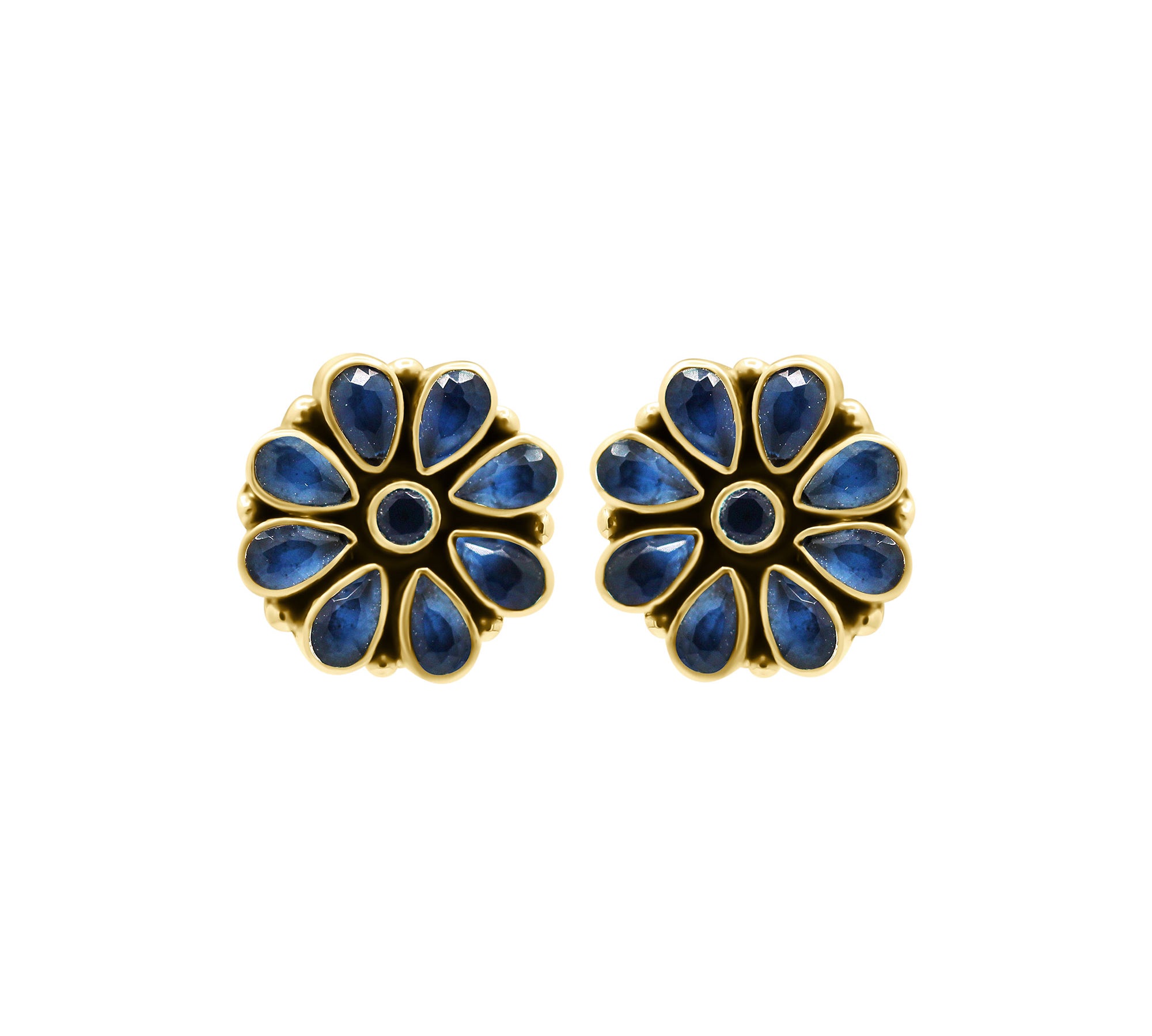 Flower Design Blue Gemstone 925 Silver Gold Plated Stud