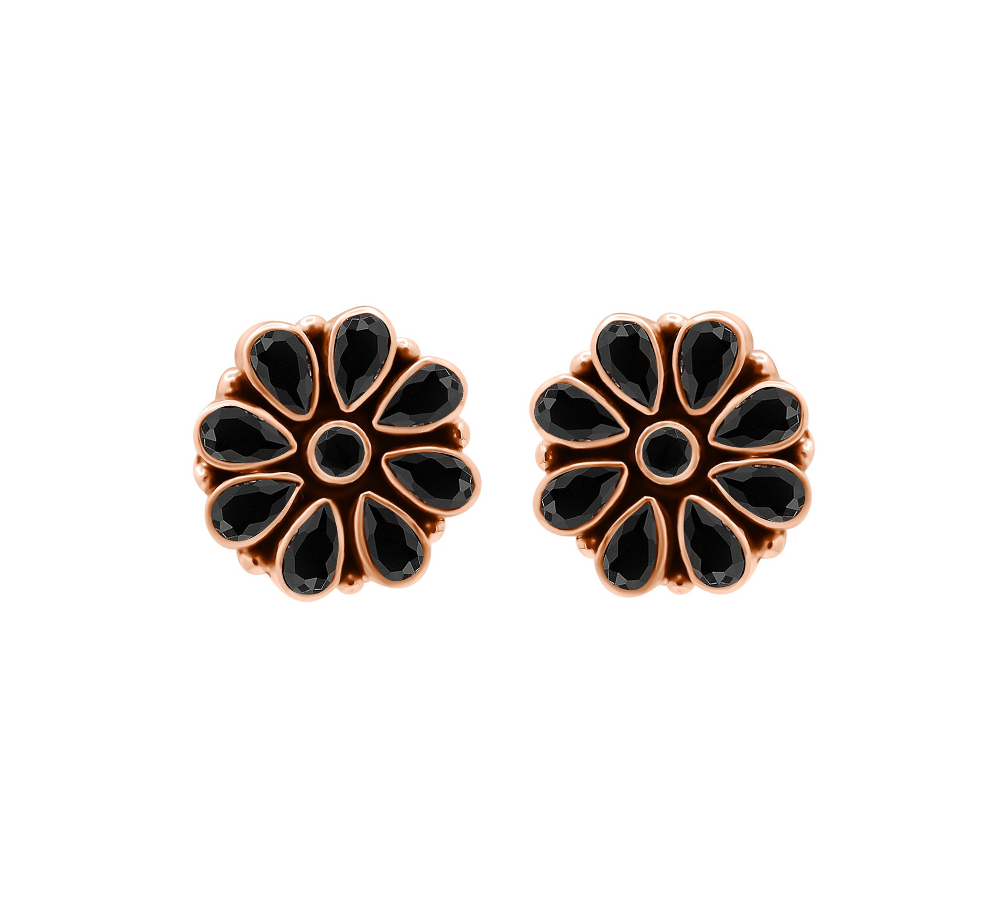 Floral Black Onyx Gemstone 925 Silver Rose Gold Plated Stud