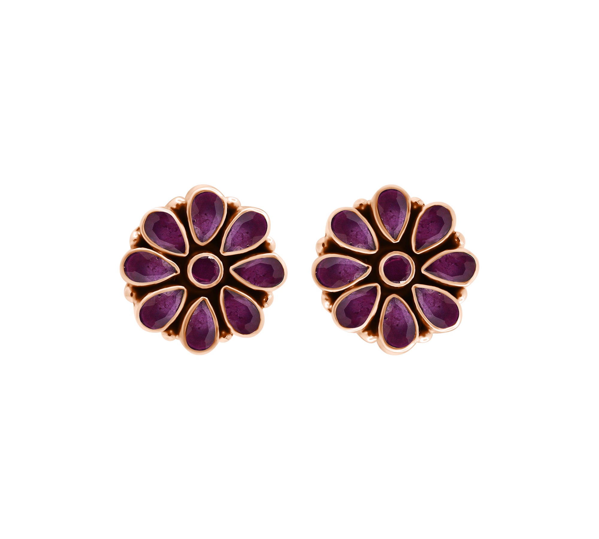 Pretty Natural Ruby Gemstone 925 Sterling Silver Gold Plated Floral Stud Earring