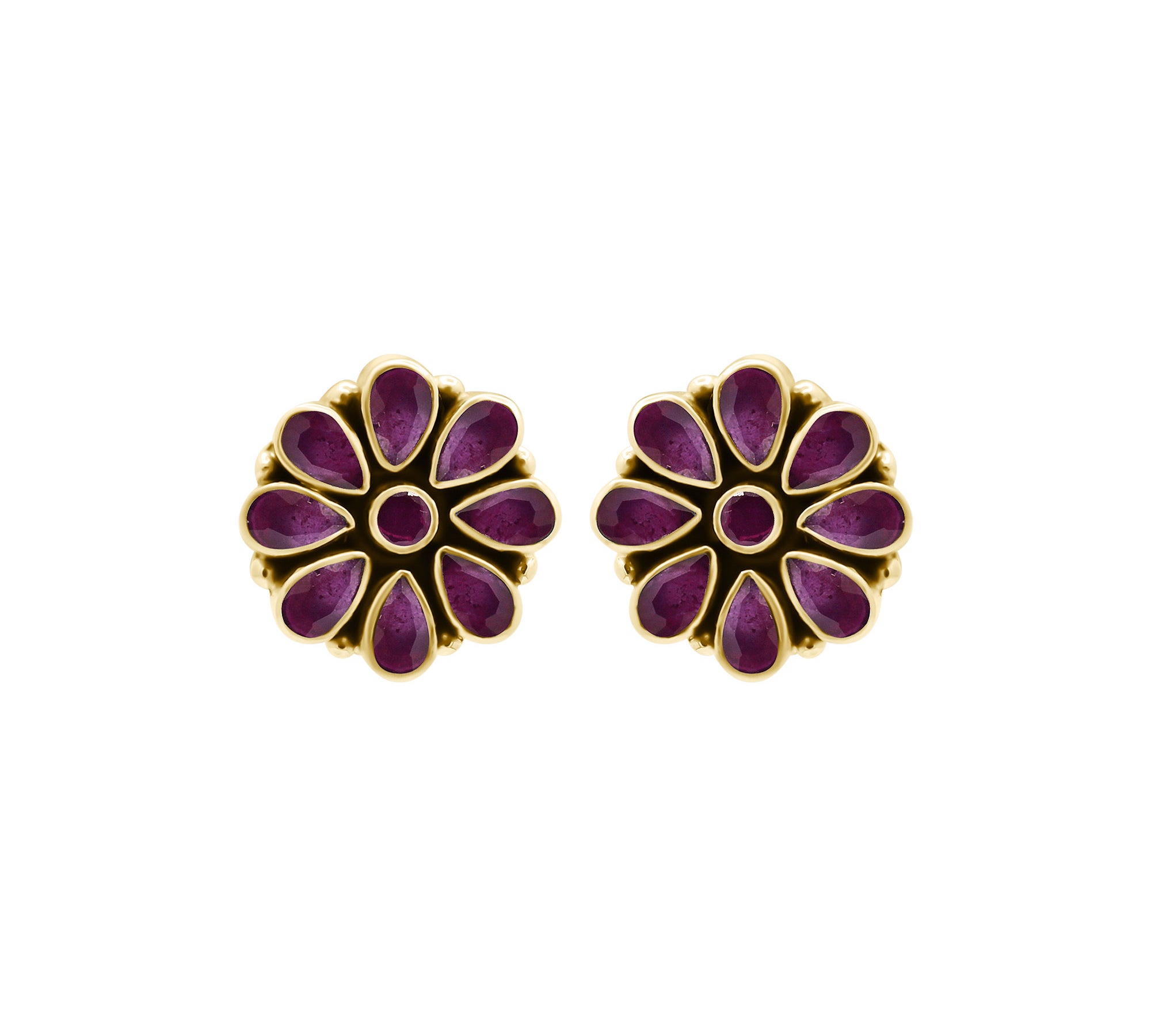 Pretty Natural Ruby Gemstone 925 Sterling Silver Gold Plated Floral Stud Earring