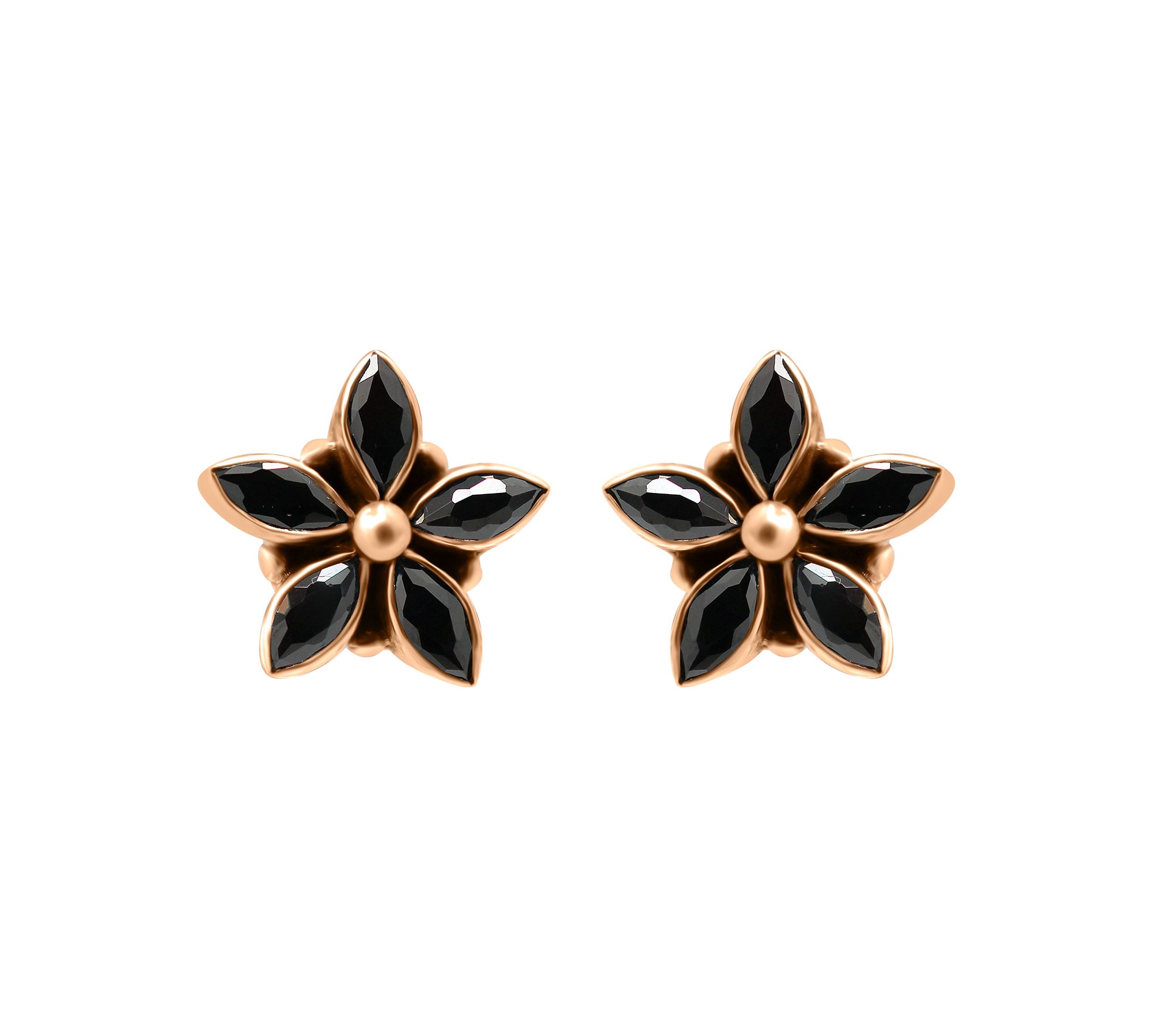 Floral Natural Black Onyx Gemstone 925 Sterling Silver Gold Plated Designer Stud