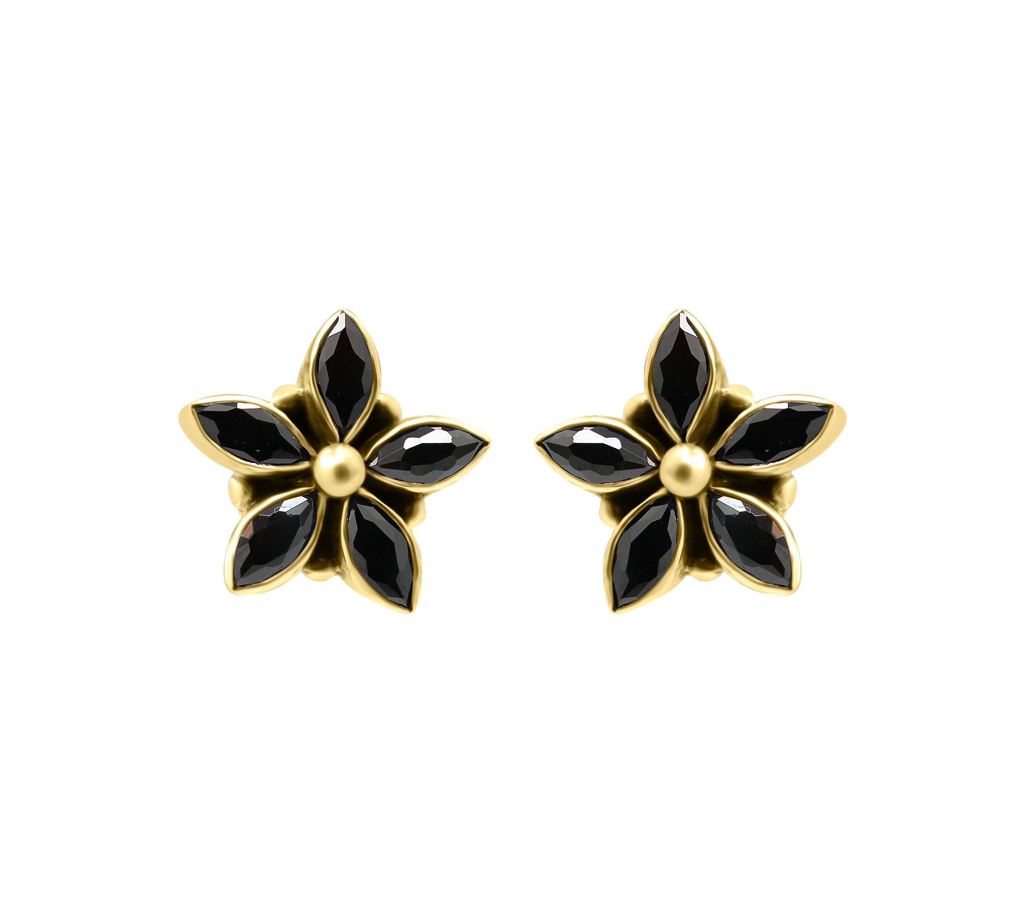 Floral Natural Black Onyx Gemstone 925 Sterling Silver Gold Plated Designer Stud