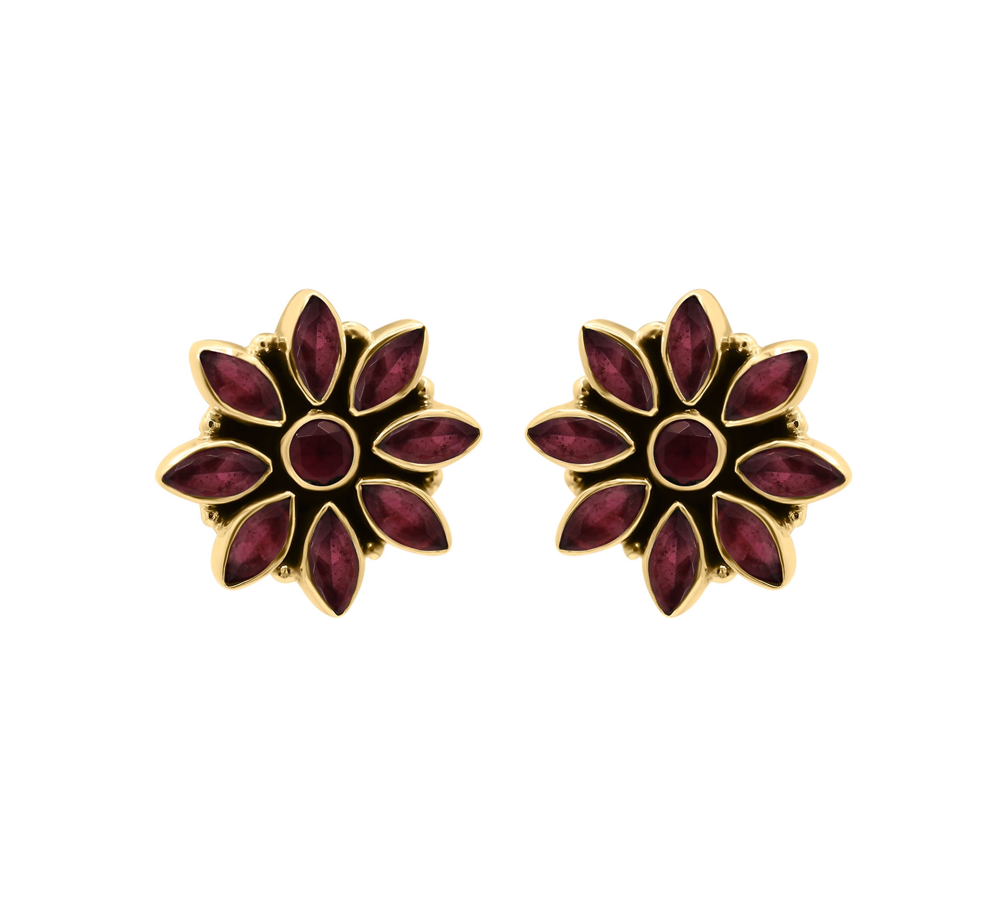 Floral Natural Ruby Gemstone 925 Sterling Silver Gold Plated Designer Stud