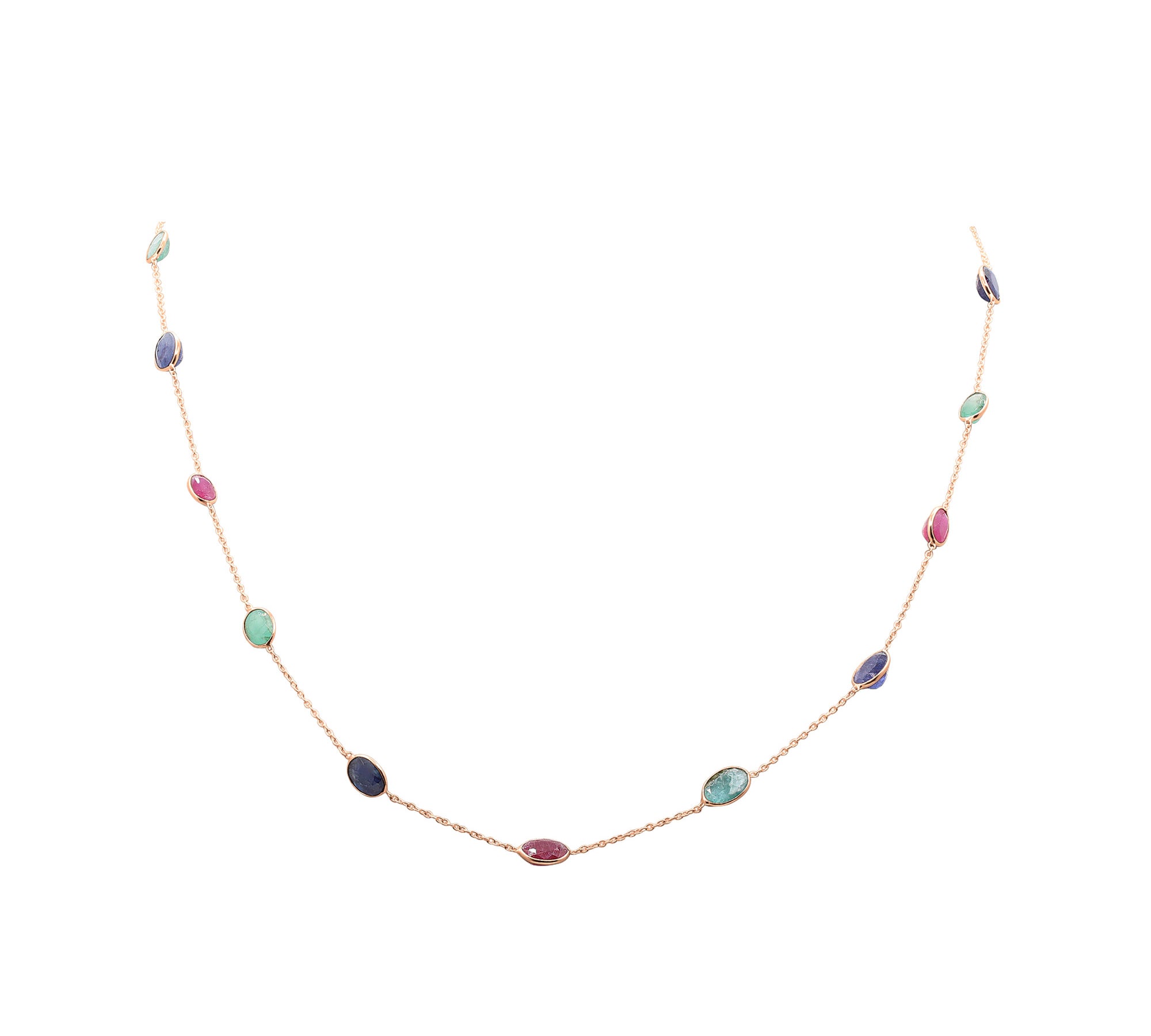 925 Sterling Silver Natural Sapphire, Emerald and Ruby Gemstone Gold Plated Necklace