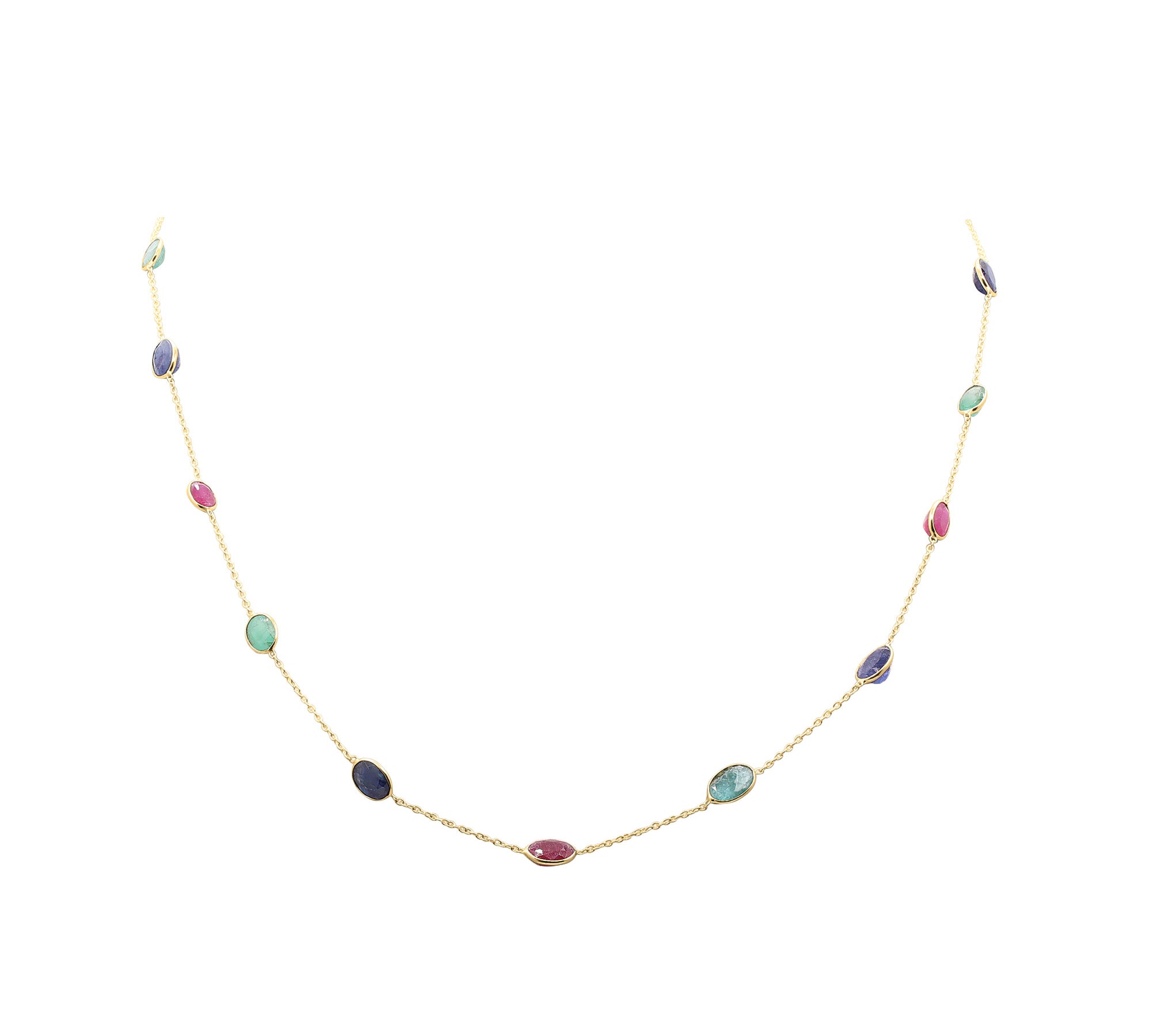 925 Sterling Silver Natural Sapphire, Emerald and Ruby Gemstone Gold Plated Necklace