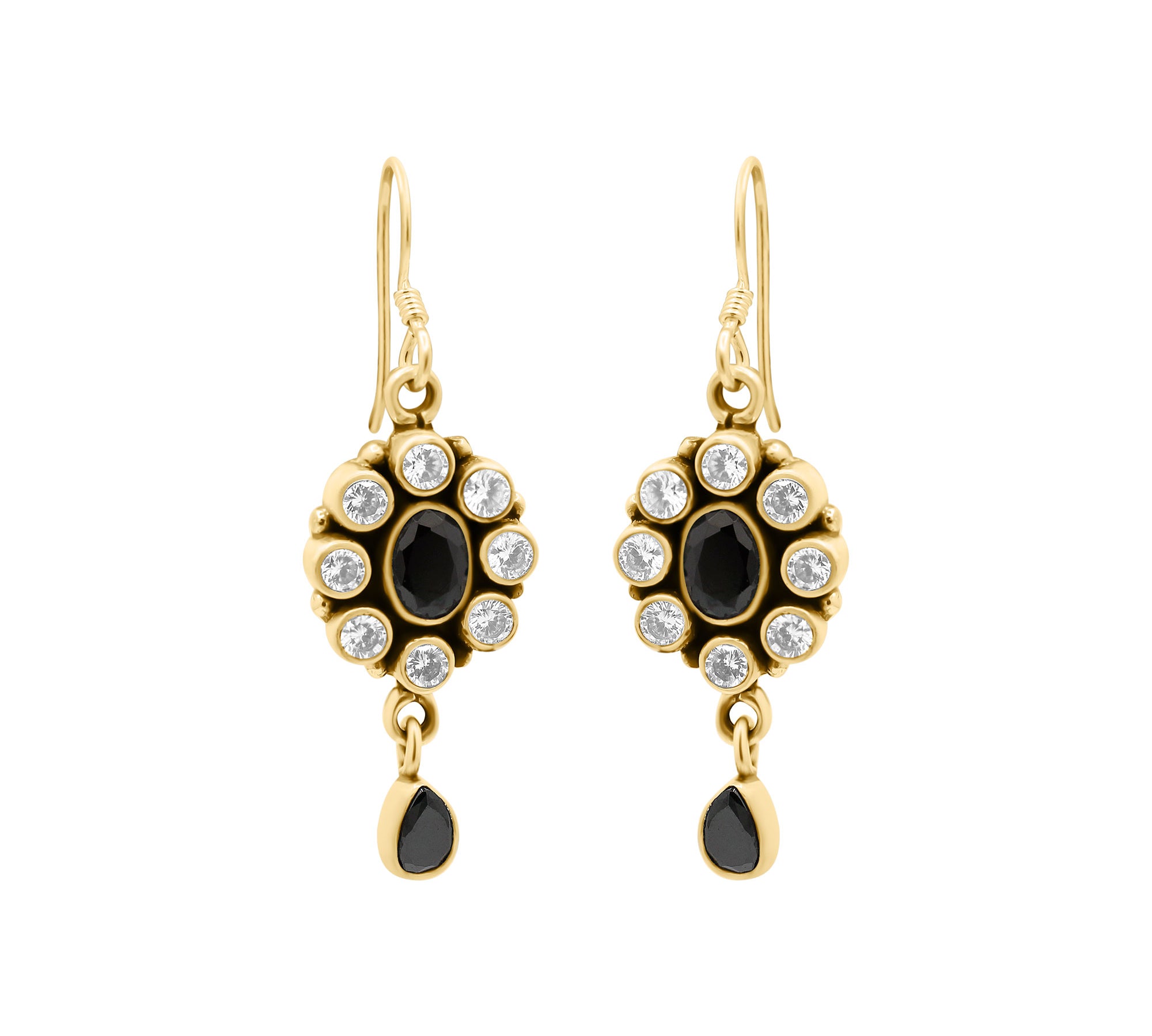 Natural Black Onyx and Cubic Zircon 925 Silver Gold Plated Earring