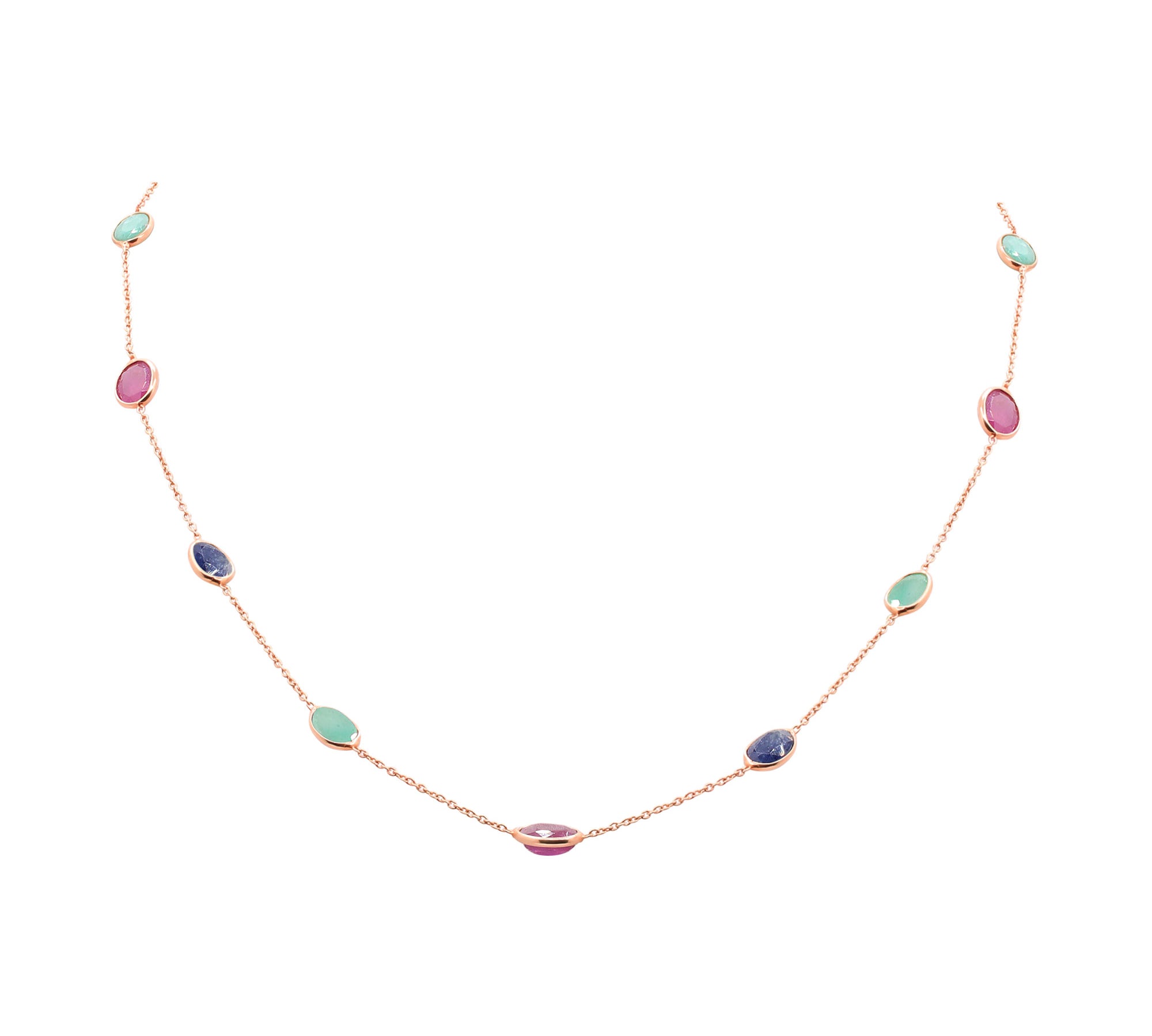 925 Sterling Silver Gold Plated Natural Sapphire Ruby and Emerald Gemstone Necklace