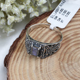 Labradorite Sterling Silver Ring Rectangle Cut Gemstone Vintage Boho Engraved Band