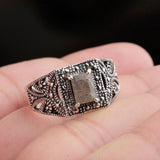 Labradorite Sterling Silver Ring Rectangle Cut Gemstone Vintage Boho Engraved Band