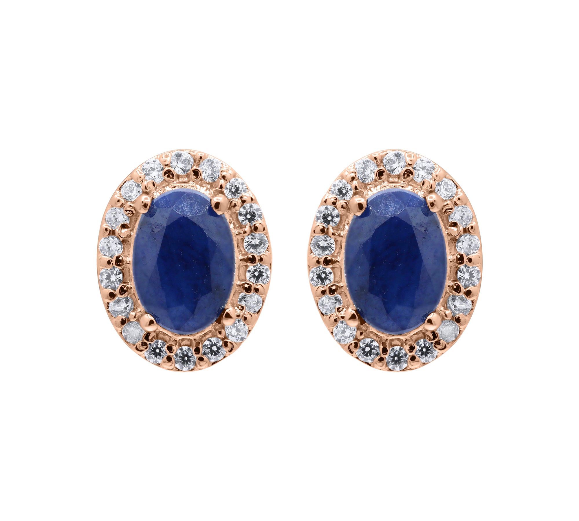 Natural Blue Sapphire Gemstone And Cubic Zircon 925 Sterling Silver Oval Shaped Stud Earring