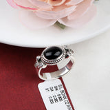 Black Onyx Sterling Silver Ring Oval Gemstone Band with CZ Accents