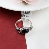 Black Onyx Sterling Silver Ring Oval Gemstone Band with CZ Accents