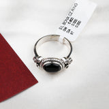 Black Onyx Sterling Silver Ring Oval Gemstone Band with CZ Accents