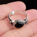 Black Onyx Sterling Silver Ring Oval Gemstone Band with CZ Accents