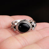 Black Onyx Sterling Silver Ring Oval Gemstone Band with CZ Accents