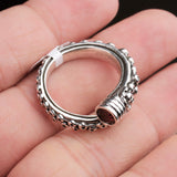 Garnet Sterling Silver Ring Tribal Textured Boho Adjustable Band