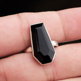 Black Onyx Sterling Silver Ring Geometric Cut Statement Gemstone Band