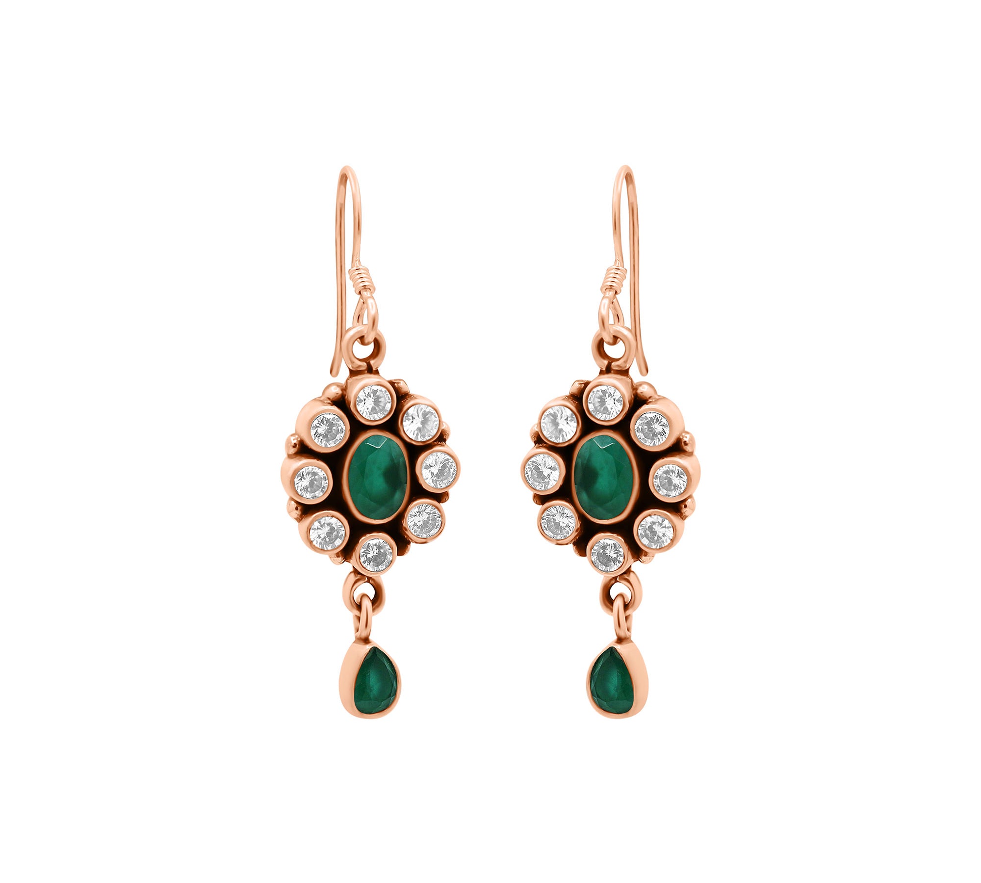 Natural Green Onyx Gemstone and Cubic Zircon 925 Sterling Silver Earring