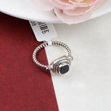 Black Onyx Sterling Silver Ring Cushion Cut Gemstone Band with CZ Accents