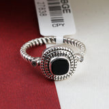 Black Onyx Sterling Silver Ring Cushion Cut Gemstone Band with CZ Accents