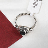 Black Onyx Sterling Silver Ring Cushion Cut Gemstone Band with CZ Accents