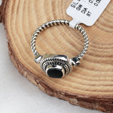 Black Onyx Sterling Silver Ring Cushion Cut Gemstone Band with CZ Accents