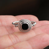 Black Onyx Sterling Silver Ring Cushion Cut Gemstone Band with CZ Accents