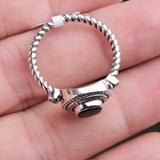 Black Onyx Sterling Silver Ring Cushion Cut Gemstone Band with CZ Accents