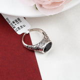 Black Onyx Sterling Silver Ring Oval Faceted Gemstone Vintage Engraved Band