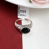 Black Onyx Sterling Silver Ring Oval Faceted Gemstone Vintage Engraved Band