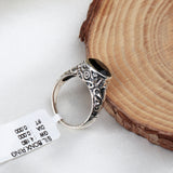 Black Onyx Sterling Silver Ring Oval Faceted Gemstone Vintage Engraved Band