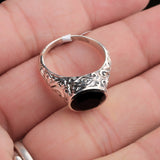 Black Onyx Sterling Silver Ring Oval Faceted Gemstone Vintage Engraved Band