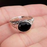 Black Onyx Sterling Silver Ring Oval Faceted Gemstone Vintage Engraved Band