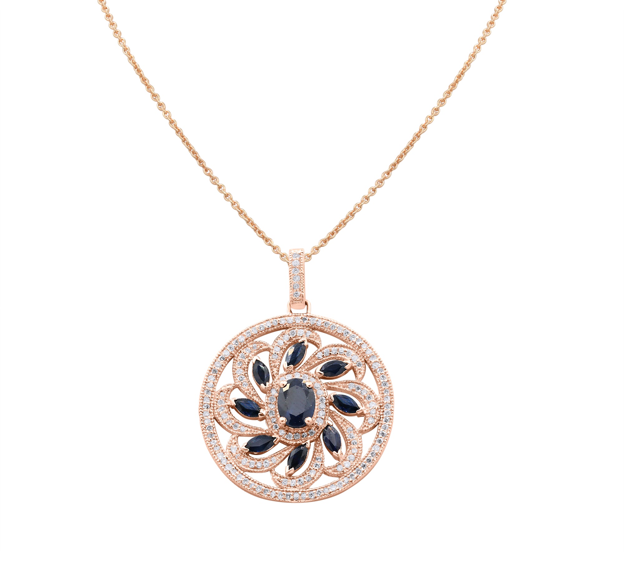 Natural Sapphire Gemstone and Diamond 18k White Gold Flower Pendant With Chain