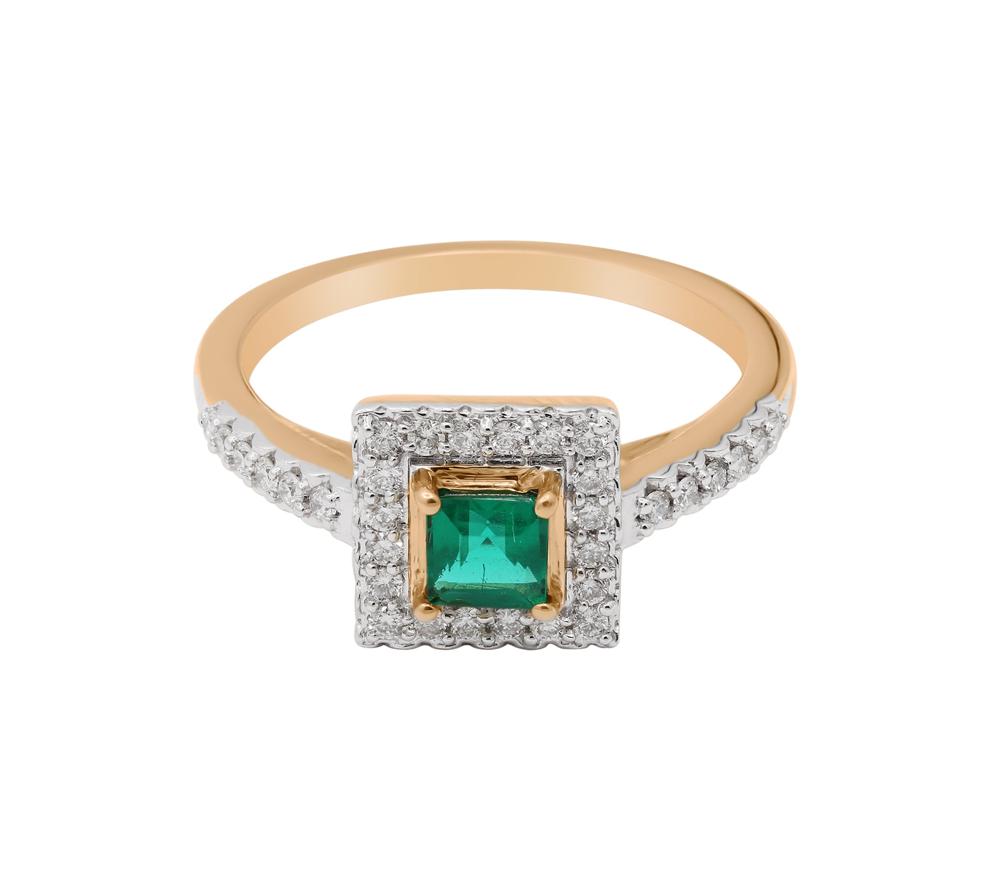 Luxurious Square Cut Emerald Gemstone and Diamond 18k Yellow Gold Handmade Ring