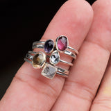 Multi-Stone Silver Ring Set Dainty Colorful Gemstone Stacks