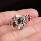 Multi-Stone Silver Ring Set Dainty Colorful Gemstone Stacks
