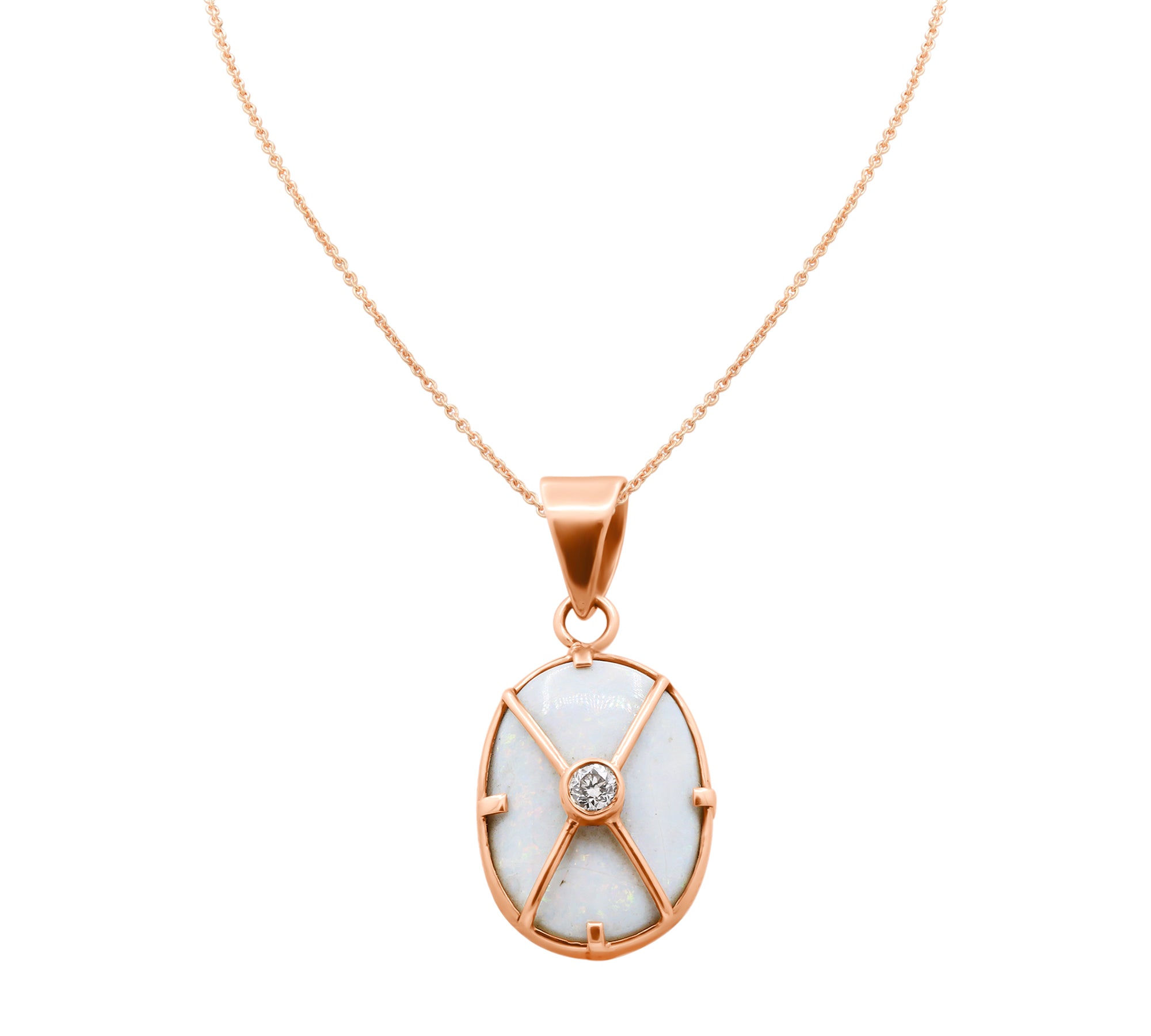 Natural Opal Gemstone and Diamond 18k Rose Gold Pendant With Chain