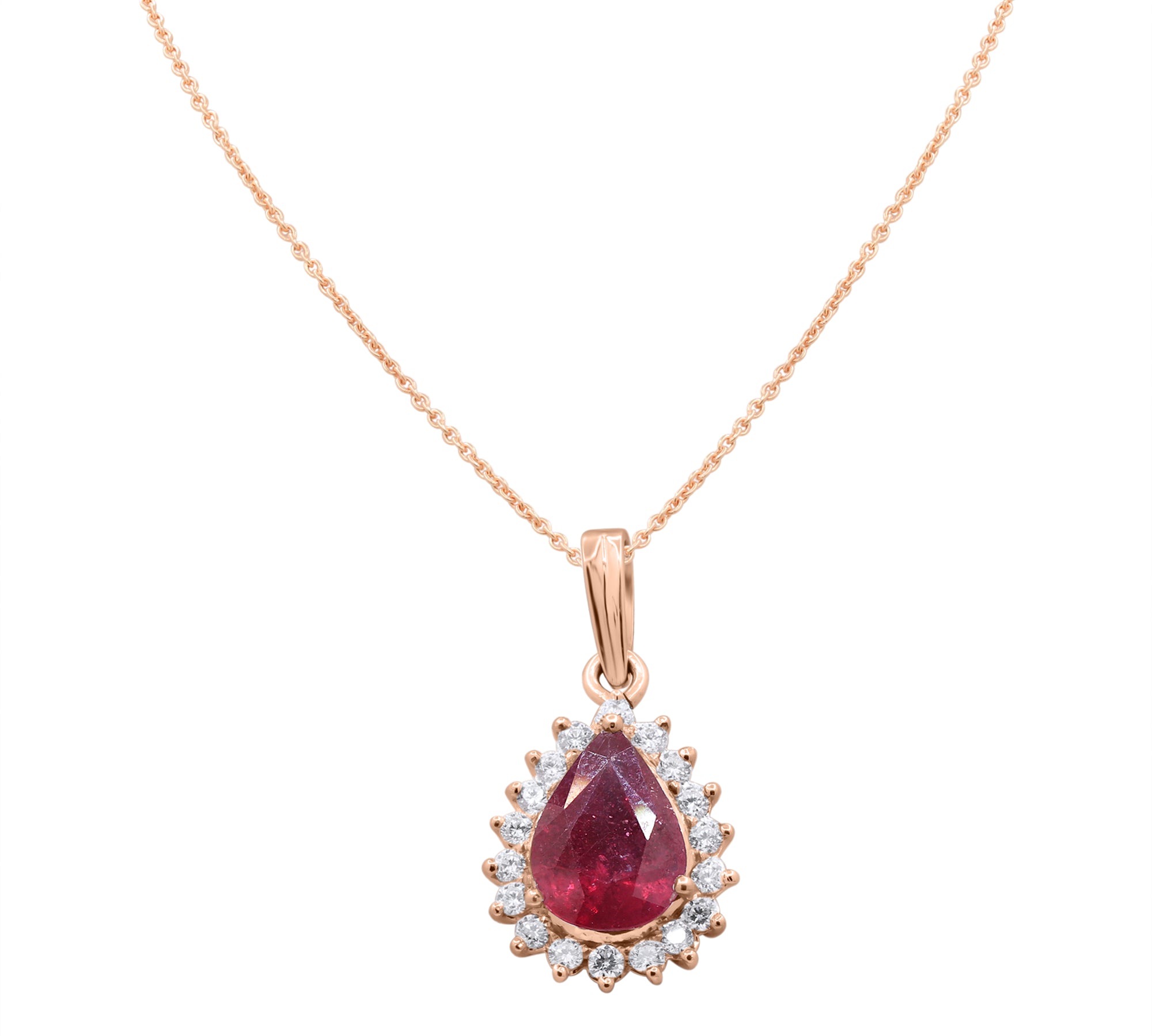 Natural Ruby Pear Cut Gemstone and Diamond 18k White Gold Pendant With Chain