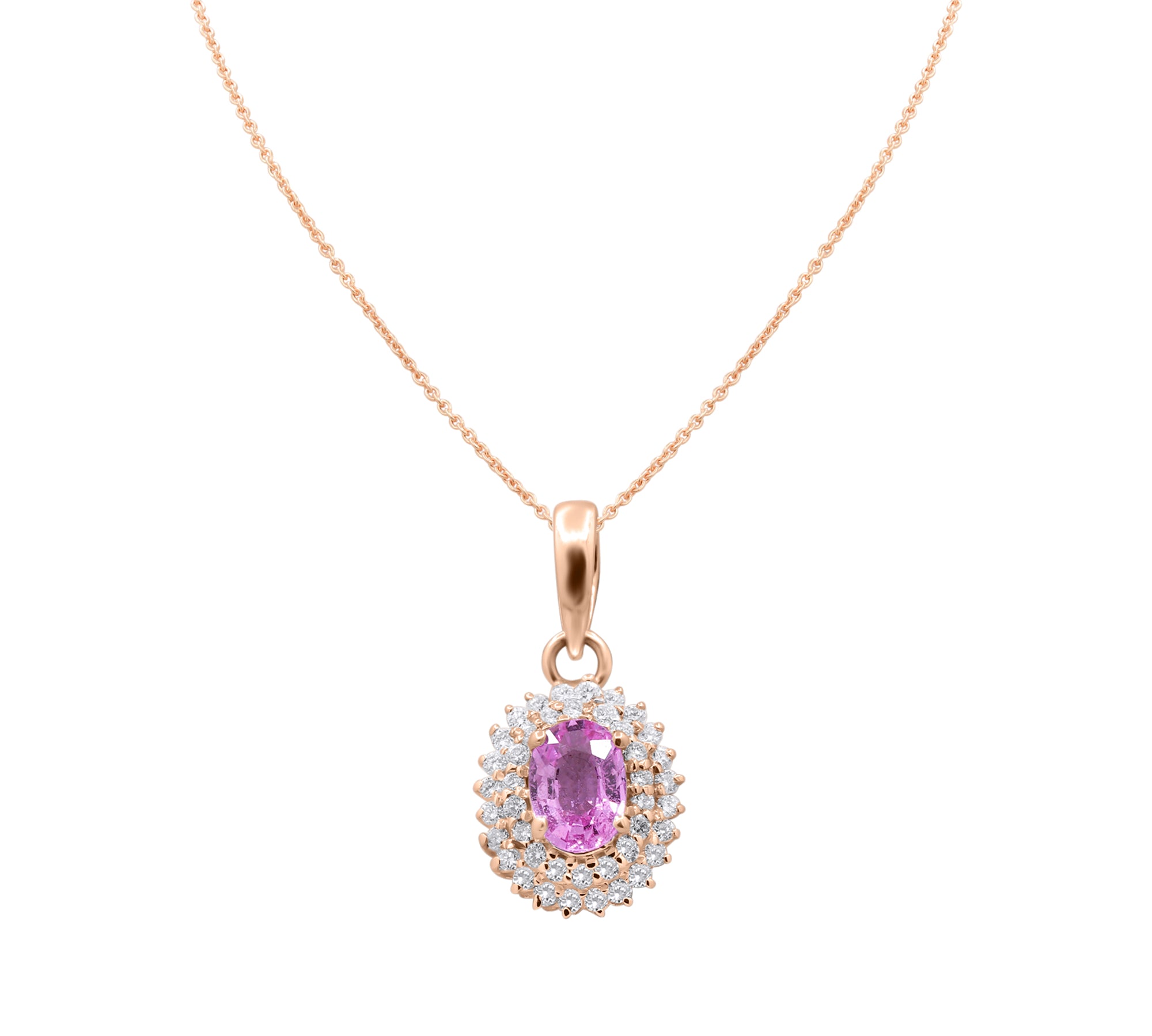 Natural Pink Sapphire Gemstone and Diamond 14k White Gold Pendant With Chain