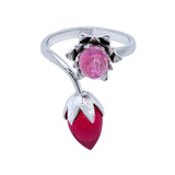 Lotus Rose Quartz & Red Hydro Adjustable Silver Ring Dual Gemstone Statement Jewelry