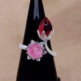 Lotus Rose Quartz & Red Hydro Adjustable Silver Ring Dual Gemstone Statement Jewelry