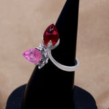 Lotus Rose Quartz & Red Hydro Adjustable Silver Ring Dual Gemstone Statement Jewelry