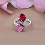 Lotus Rose Quartz & Red Hydro Adjustable Silver Ring Dual Gemstone Statement Jewelry