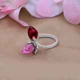 Lotus Rose Quartz & Red Hydro Adjustable Silver Ring Dual Gemstone Statement Jewelry